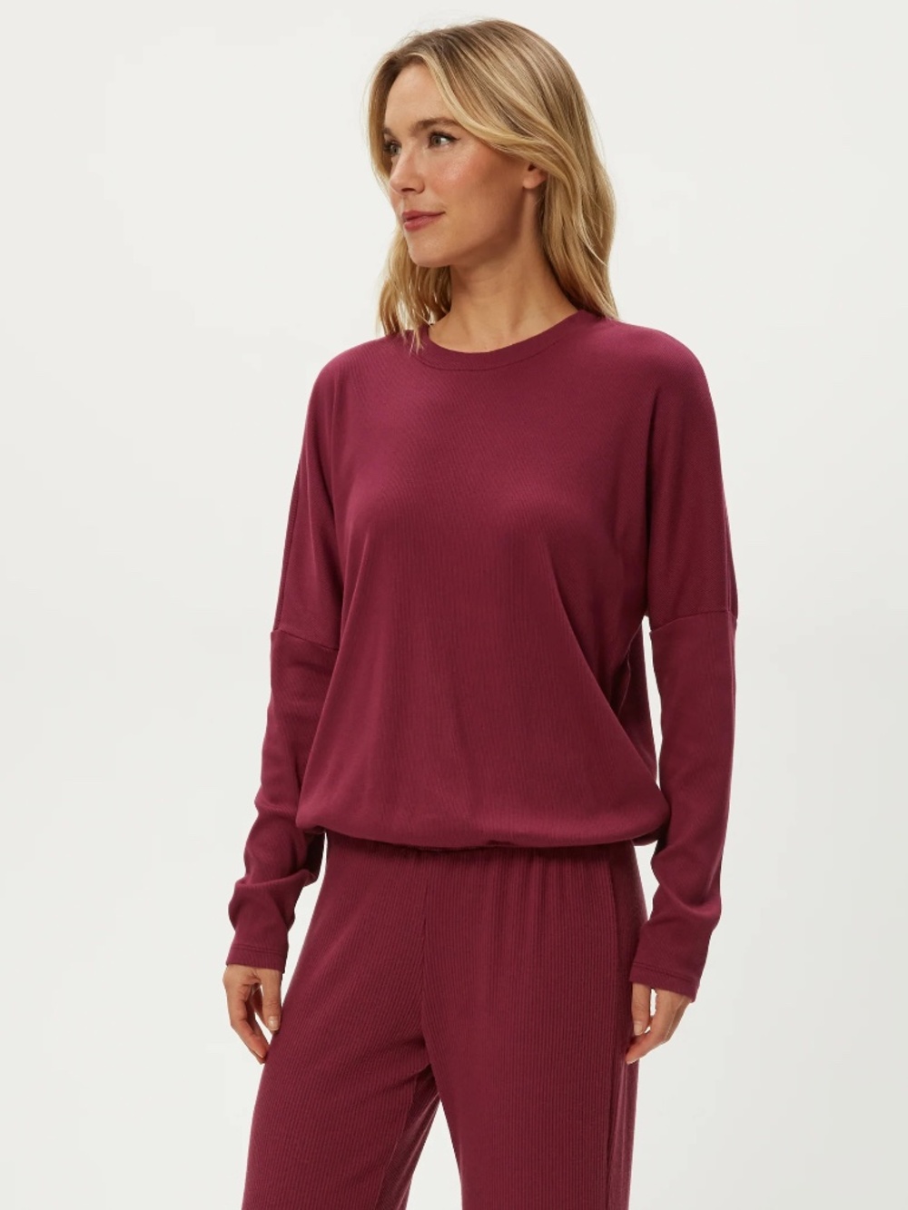 Michael Stars Kaley Top Crewneck Bubble Hem Ribbed Garnet Red  Sz Xl New